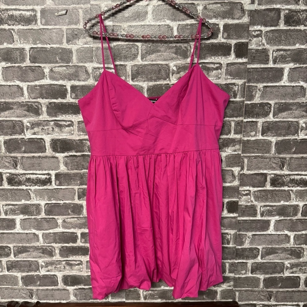 NWT Express bubble hem mini dress pink pockets smocked back